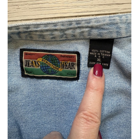 Structure Jeans Wear Vintage Men's Light wash Denim Button Up Band Collar LS XL - Picture 4 of 8